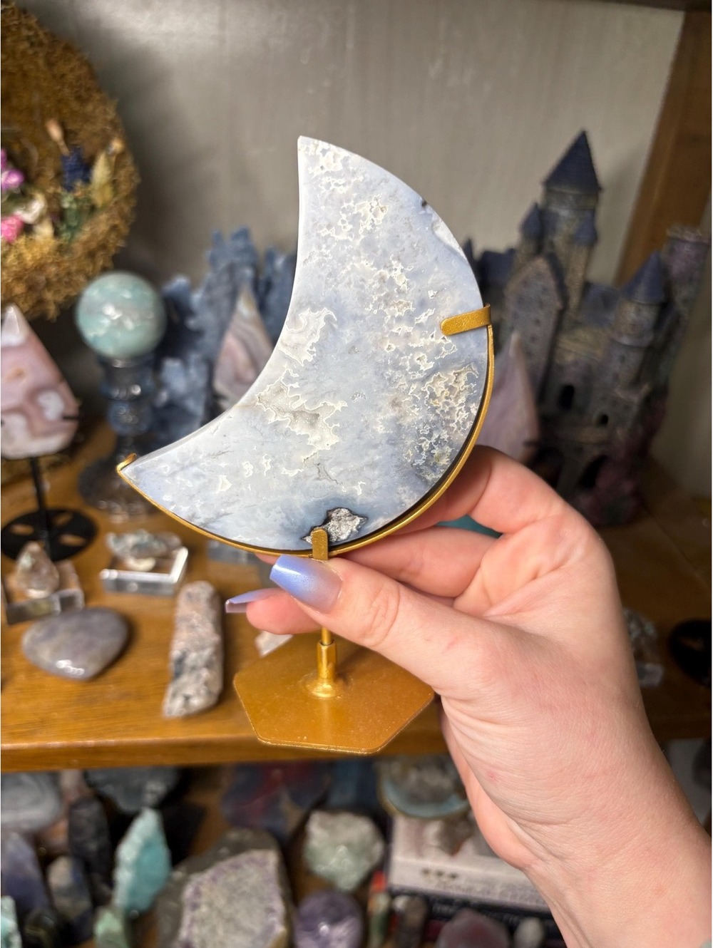 Blue Plume Agate Crescent Moon | Natural Dendritic Agate Celestial Decor, Stand
